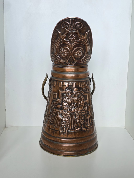 Porte-parapluie/seau à charbon vintage hollandais en cuivre et laiton gaufrés – paraplubak, Copper, Brass