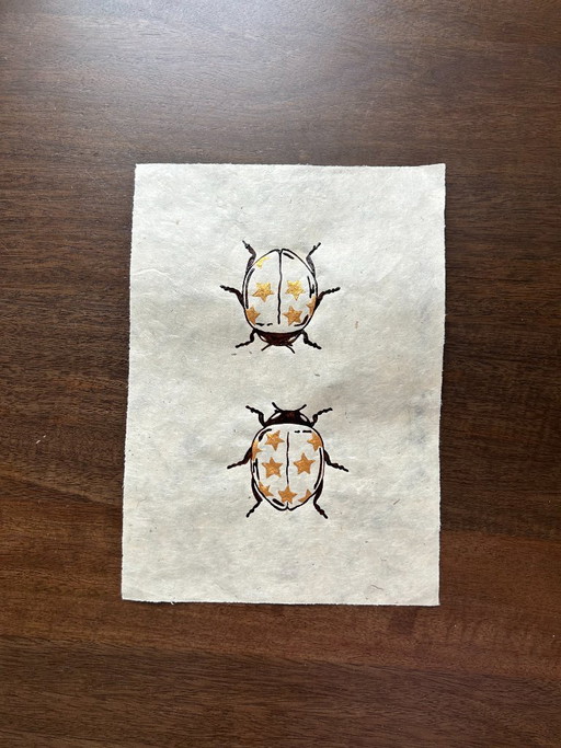 Handmade Artwork | Ladybugs with Golden Stars | Boho A4