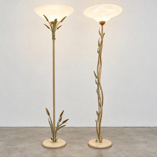 2 x floorlamp / botanic / floral metal decoration / 1970s /