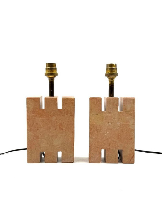 Image 1 of Juego de 2 lámparas de sobremesa de mármol rosa Hollywood regency, Francia años 70