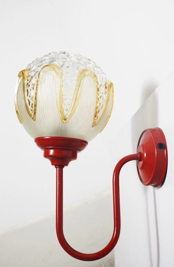 Red Wall Sconce Massive Belgium with Richard Essig Textured Glass Globe, Mid Century Space Age Lighting (photo 16 of 22)