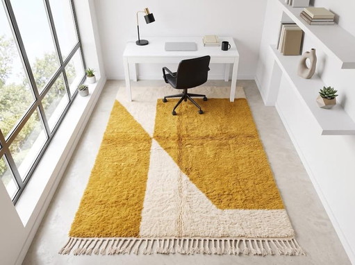 Alfombra tejida a mano de pura lana, blanca y mostaza, 1,5/2,5 m – Ahrend, vloerkleden en tapijten, Wool (photo 2 of 7)