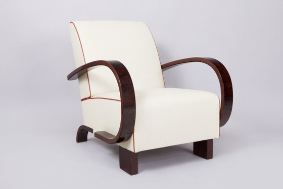 Een paar gerestaureerde art-deco fauteuils, walnoothout, leer, opnieuw gepolijst, Tsjechisch, jaren 1930 (photo 5 of 8)