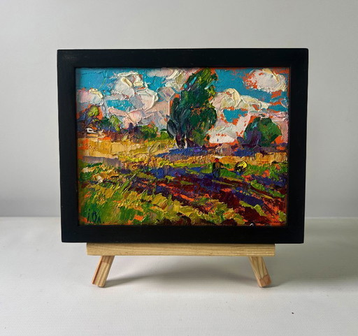 Original Oil Painting Summer Field Landscape The beginning of the harvest in the garden