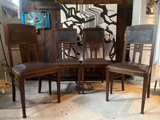4x Antique Art Nouveau Chairs | Oak & Leather | Vintage