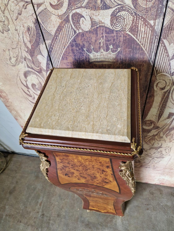 Image 1 of Classic column, plant table, piedestal, root veneer and marble top and missing decorations dim. 30x30cm and 126cm high.