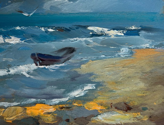Image 1 of Original Oil Painting Beach Sea Landscape Seagulls on the seashore