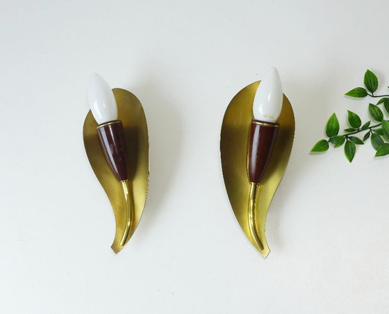Coppia di Applique 'Foglia' anni '50 '60 Kaiser-Leuchten Ottone Bachelite (photo 5 of 9)