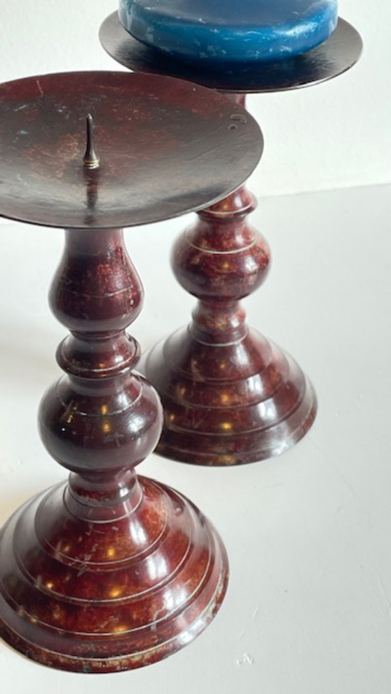Image 1 of Vintage Patinated Metal Candlesticks