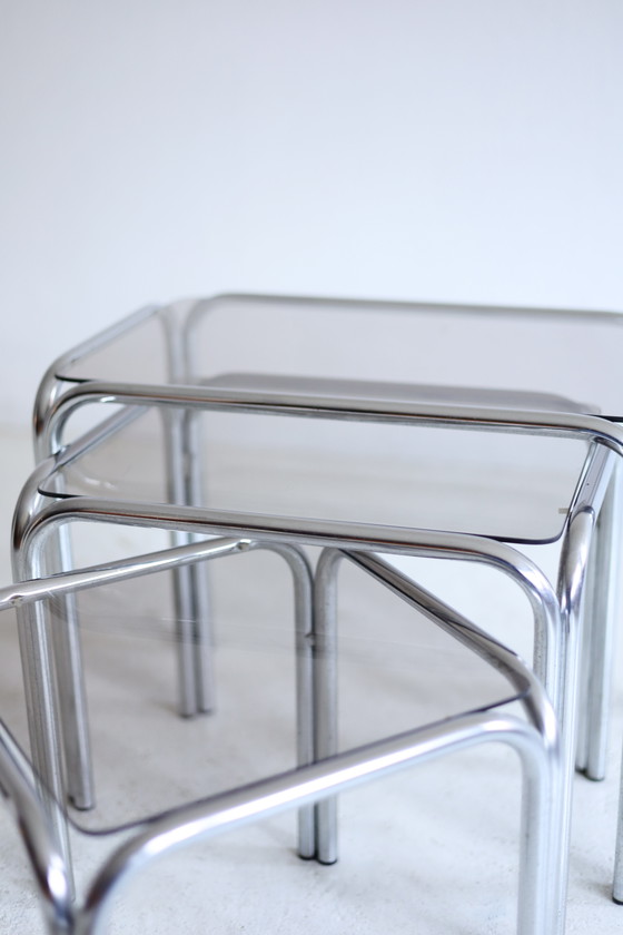 Set of Three Vintage Nesting Side tables Chrome/Smoked Glass (photo 5 of 6)