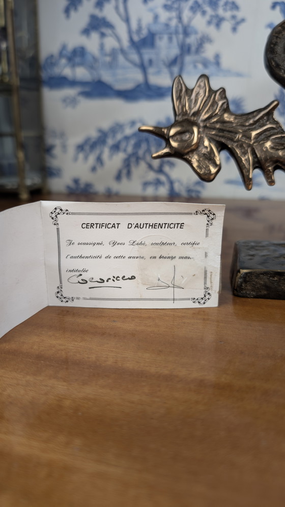 Image 1 of Yves LOHÉ "Cocorico" verguld bronzen haan sculptuur met certificaat, Vintage 1990