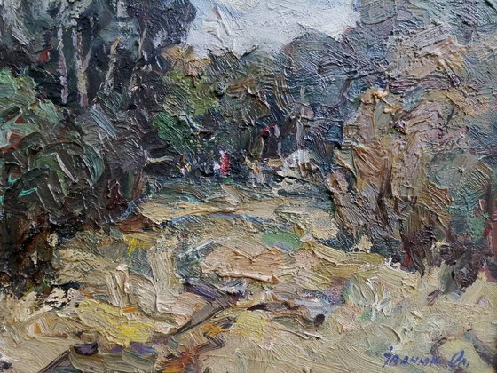 Origineel olieverfschilderij: Natuurlandschap, Dorp, Platteland Koude Dag – Schilderijen & Tekeningen, Canvas (photo 8 of 11)