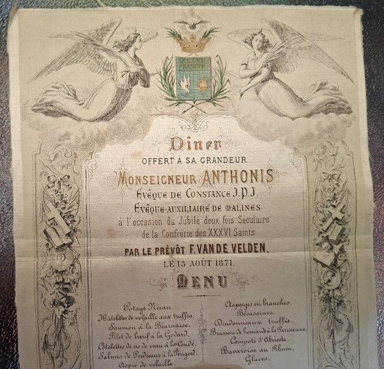 Image 1 of Rare 1871 Silk Menu Antwerp Belgium – Monseigneur Anthonis Jubilee Banquet