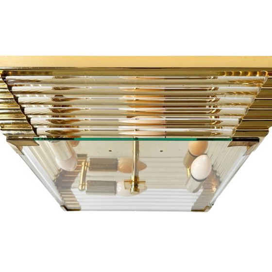Image 1 of Lámpara de araña cuadrada de mediados de siglo, de cristal y latón, estilo Hollywood Regency, década de 1970