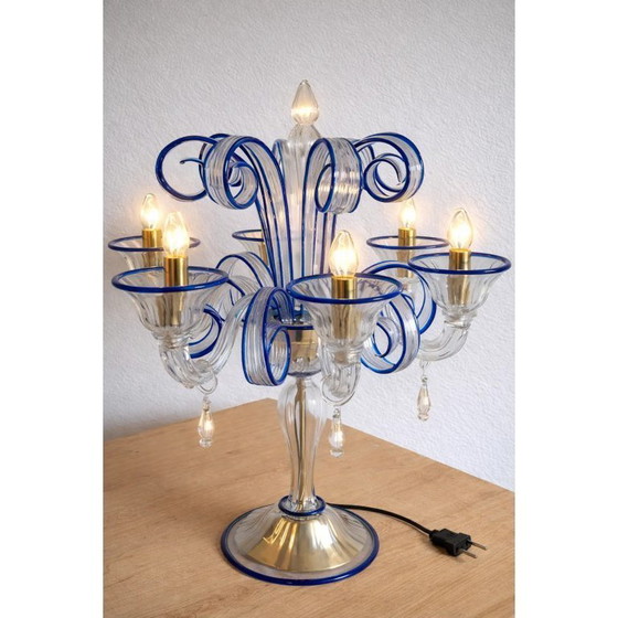 Image 1 of Table Lamp Murano Glass 5 Arms in Clear and Blue