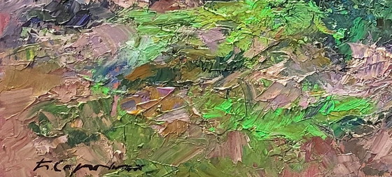 Image 1 of Dipinto ad olio originale Paesaggio naturale Foresta Fiume Pesca mattutina