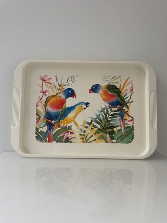 Vintage Emsa dienblad met papegaaien 50 cm, Tafelaccessoires, Kunststof, Meerdere kleuren (foto 9 van 13)