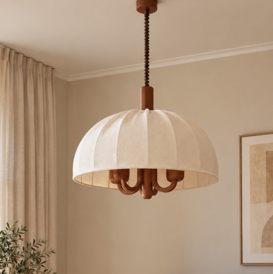 DOMUS 1970s Teak 5-Arm Pendant Lamp – Original Fabric Shade – Mid Century, Very Good Condition (photo 8 of 12)