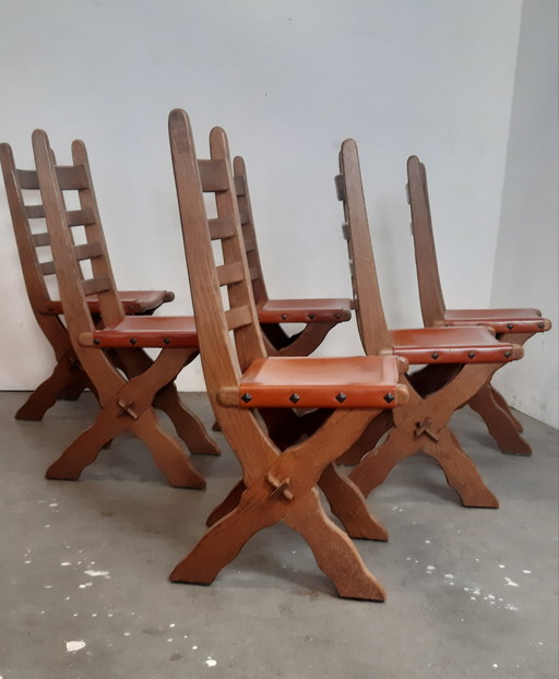 Ensemble de 6 chaises de salle à manger Brutalist en cuir sellier Chaise à échelle