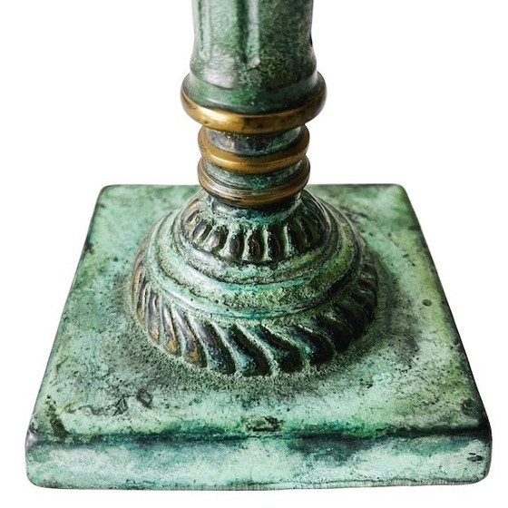 Image 1 of Antique bronze candlestick green patina 1900's