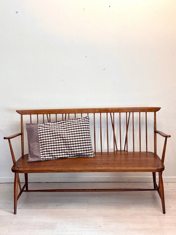 Vintage mid-century wooden slatted bench 1960s, Benches, Brown (photo 8 of 13)