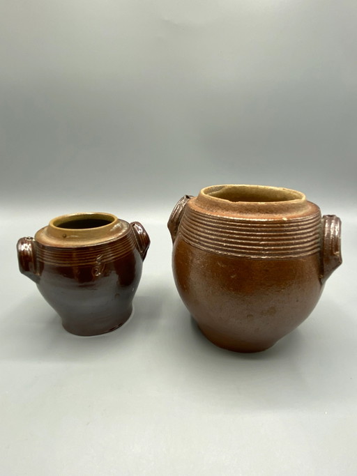 2 antique brown stoneware storage pots - late 19th / early 20th century – servies