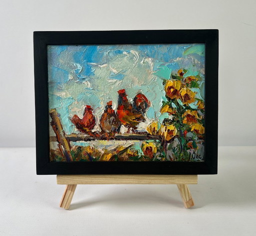 Peinture à l'huile originale, paysage animalier d'été, chant du coq au petit matin