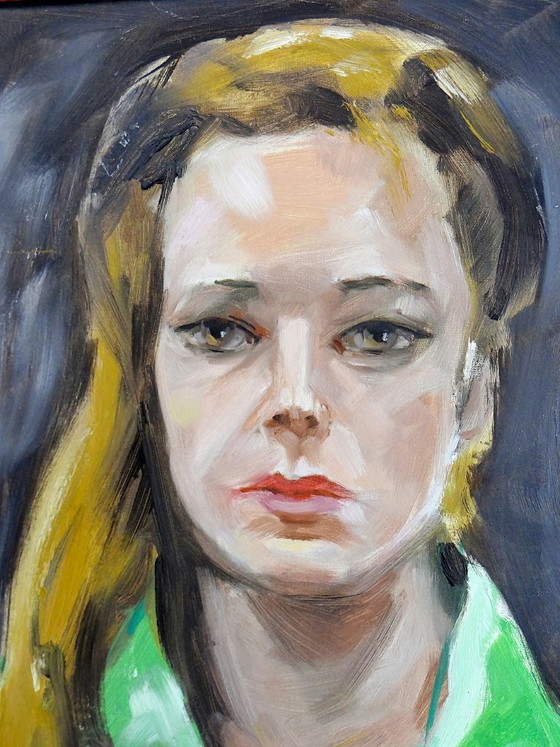 Image 1 of Vintage portrait "The Woman in Green", oil on canvas board, wooden frame
