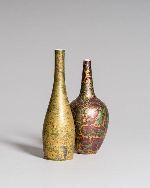 Helmut Drexler Hand-Painted Porcelain Vase Duo – Intricate Lilac-Green with Gold Detailing