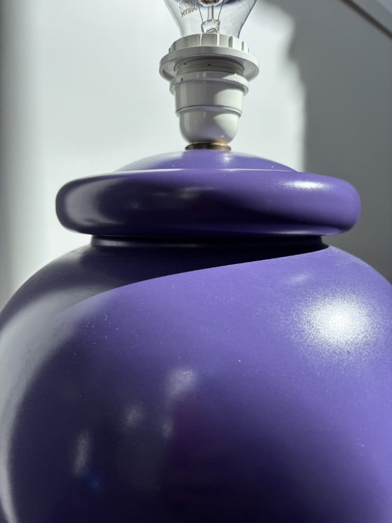 Postmodern Kostka France Table Lamp (Purple, 1980s) with Vintage Moiré Shade – Ceramic (photo 6 of 14)