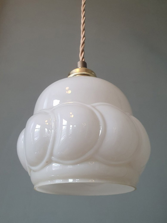 Image 1 of Vintage Hanglamp - Opaline Glas Met Bolpatroon - Gedraaid Textielsnoer