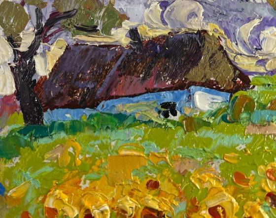 Image 1 of Original Oil Painting Flowers Village Landscape Fragrant summer in the field