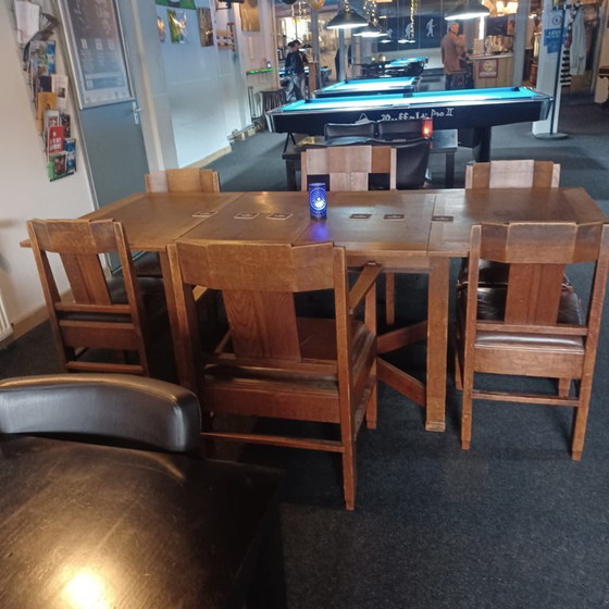 Oak dining set, 1930s Hague School – Leather, Wood (photo 3 of 5)