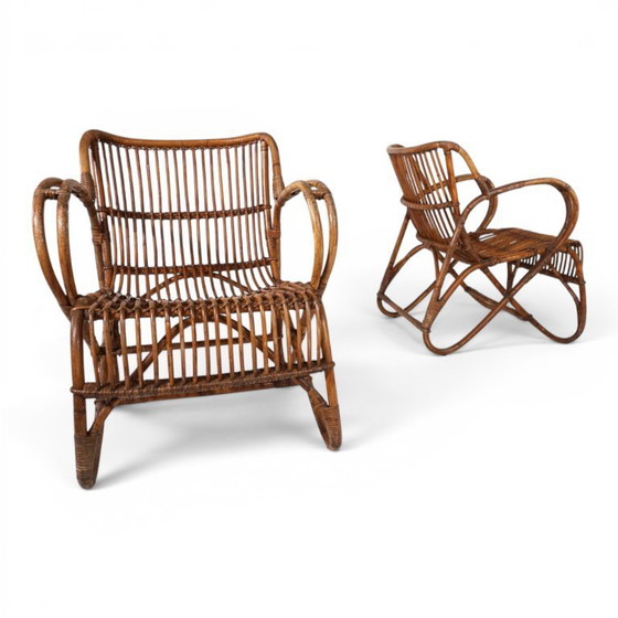 Image 1 of Frans paar vintage loungestoelen van rotan en bamboe, 1960