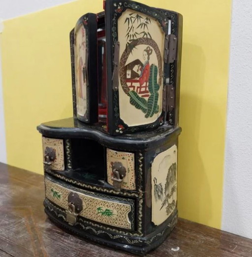 Oriental Jewelry Box of High Quality Wood - Unique Handcrafted Masterpiece, Hand Painted with Drawers, Built-in Mirror