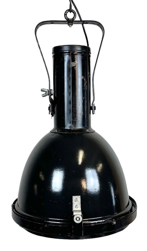 Faretto industriale in smalto nero con copertura in vetro convesso, anni '60