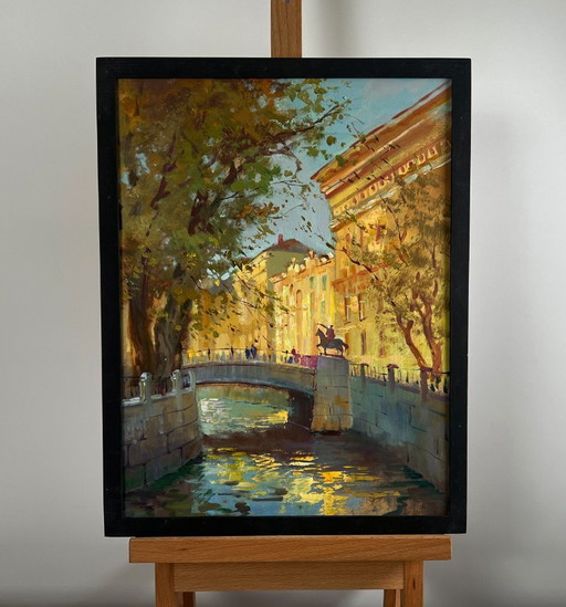 Original Oil Painting Autumn City Landscape The quiet whisper of a city park