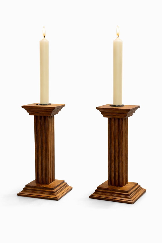 Image 1 of Pair of Dutch Solid Oak Candlesticks by Oisterwijk – Mid-Century Vintage