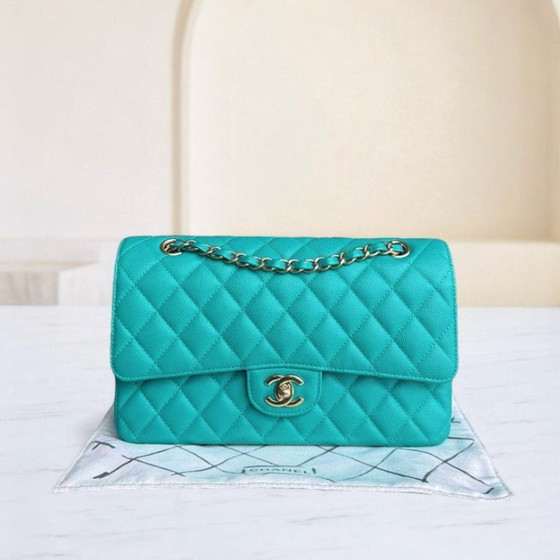 Image 1 of Chanel Classic Flap Medium - Caviar 25CM Gewatteerd Cyaanblauw Goudkleurige Hardware Serie 23