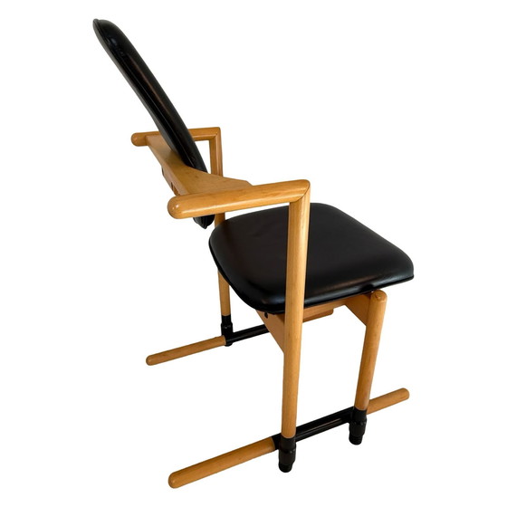 Image 1 of Peter Opsvik - Stokke - Flysit - Sedia a dondolo ergonomica - Rivestimento in pelle nera e struttura in legno