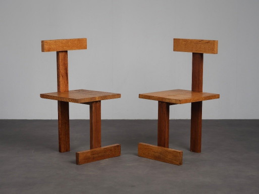 Rara coppia di sedie moderniste con schienale a T, Paesi Bassi, anni '60 – eetkamerstoelen, Wood (photo 2 of 10)