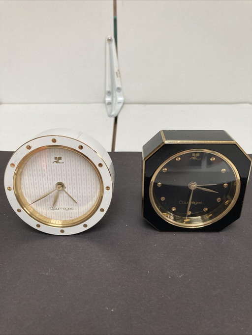 2 vintage 70s COURREGES alarm clocks in black, white and gold