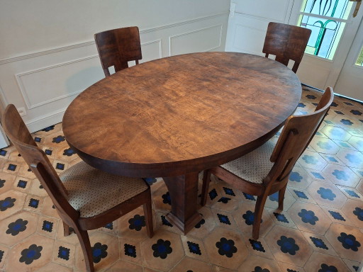 Grande tavolo da pranzo Art Déco in impiallacciatura di radica – 170/250 × 120 cm, allungabile, classico - 6 sedie incluse