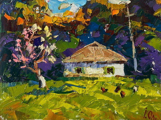 Image 1 of Original Oil Painting Summer House Landscape: The Yard Smells of Fresh Hay and Silence