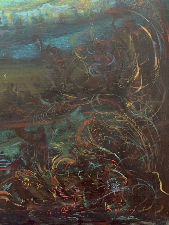 Image 1 of Ben Genaux (1911–1996, Belgio) - Paesaggio surreale con torre e farfalla, olio su tavola