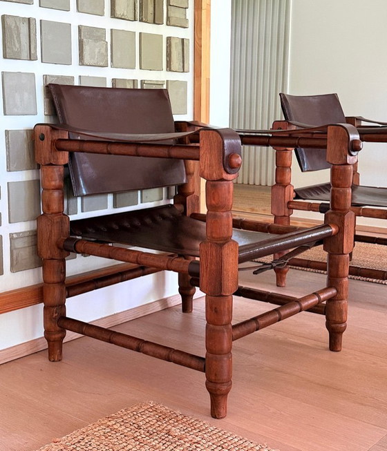 Set di 4 poltrone lounge vintage "Safari". Norik Voskanian. Tabriz. Iran. Legno. Pelle. Stile brutalista. (photo 4 of 10)