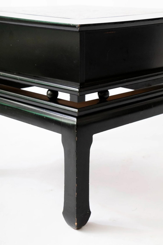 Image 1 of Pair of Chinoiserie Black Lacquer Bedside Tables with Gilded Dragon Engravings, 1980’s