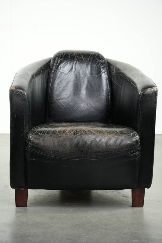 Image 1 of Leuke rundleren aviator fauteuil in stoer zwart vintage rundleer met een stoer een rijk patina