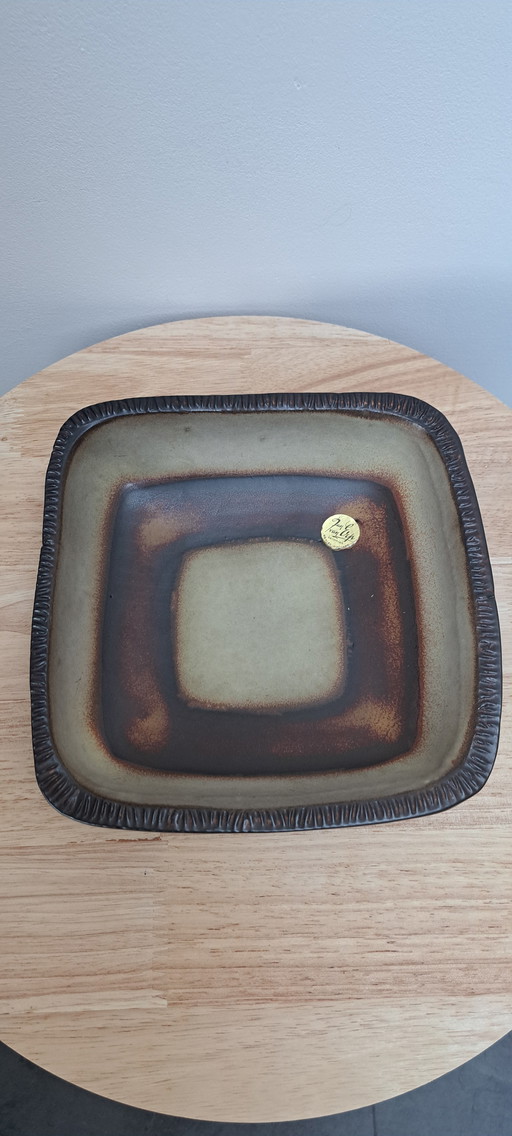 Cuenco de cerámica brutalista de Jan van Erp – 20×20 cm – esmaltado marrón/verde – vintage