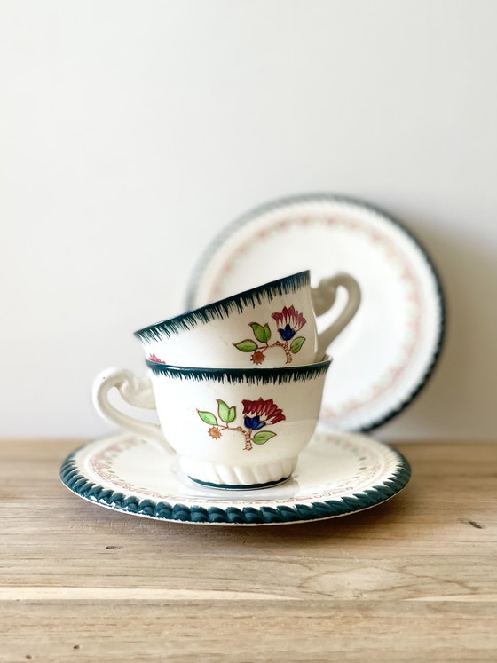 Image 1 of Vintage Longwy Cup Duo x2 · Hand Painted French Faience · Floral Motif · Green Border · Made in France · Mid-Century Pottery